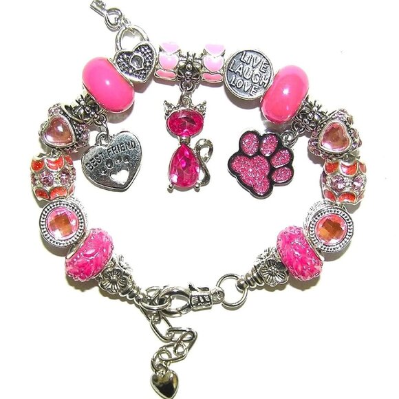 Cat Bracelet With Sparkling Pink Crystal European Beads & Charms, Cat Lover, NEW - Picture 1 of 5